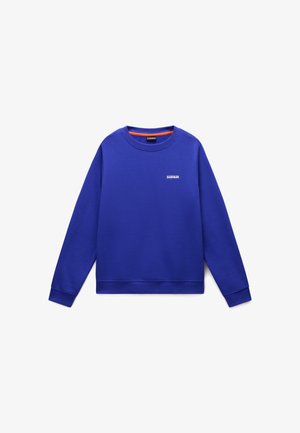 Sweatshirt azul com um acabamento texturizado, gola redonda, mangas longas e um pequeno logo branco na frente. Tecido suave com um corte relaxado.