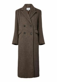 Abrigo de lana marrón de doble botonadura con cuello con muesca, dos bolsillos laterales y botones negros. Textura suave y mangas largas y holgadas.