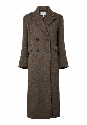 Hnědý vlněný dvouřadý kabát s klopovým límcem, dvěma bočními kapsami a černými knoflíky. Jemná textura a dlouhé volné rukávy.
