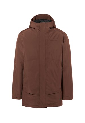 Bruine waterdichte jas met een hoge kraag, frontale rits en twee grote zakken. Bevat een logo op de borst en een groene accentuering aan de onderrand.