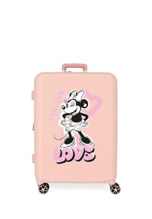 Maleta rígida rosa con un personaje de dibujos animados que lleva una falda con lunares, la palabra "UNIVERSAL" encima y "LOVE" en letras grandes debajo.