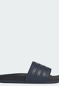 Navy slide sandals with a ribbed strap, made of synthetic material. Flat sole with a textured finish for grip. Minimalist design.