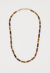 Beaded necklace featuring cylindrical tiger's eye stones in brown and black tones, interspersed with gold-colored hardware accents.