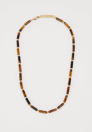 Perlekæde med cylindriske tigerøje-sten i brune og sorte nuancer, adskilt af hardware-accenter i guldfarve.