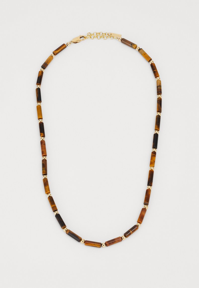 Beaded necklace featuring cylindrical tiger's eye stones in brown and black tones, interspersed with gold-colored hardware accents.