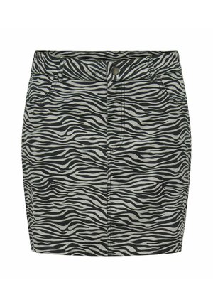 Juodos ir pilkos zebro rašto mini sijonas, turintis prigludusią išvaizdą, priekines kišenes ir mygtukų užsegimą liemenyje.