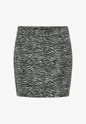 Juodos ir pilkos zebro rašto mini sijonas, turintis prigludusią išvaizdą, priekines kišenes ir mygtukų užsegimą liemenyje.