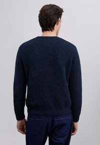 Navy blue sweater made of fuzzy material, featuring a crew neck and long sleeves, shown from the back on a model.