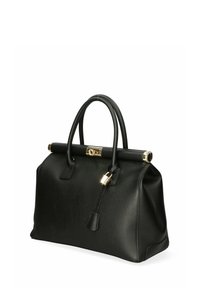 Bolso de mano de cuero negro con un diseño estructurado, dobles asas superiores, un cierre en tono dorado y un acabado texturizado.