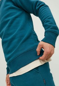 Teal sweatshirt met ribgebreide boorden en zoom, gemaakt van zachte, gestructureerde stof. Gelaagd over een lichtgekleurde shirt, met een logo-label aan de naad.