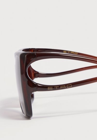 Montures de lunettes rectangulaires en écaille marron avec le logo doré "ETRO" sur la branche, sur fond blanc.