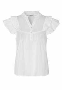 Blusa bianca senza maniche con maniche a cuffia arricciate, scollatura a V con bottoni e dettagli di yoke arricciati su uno sfondo semplice.