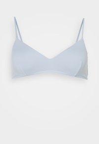 Lys blå sømløs bralette med V-hals design, tynne justerbare stropper og en glatt tekstur. Ingen polstring eller bøyle synlig.