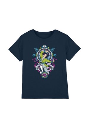 Navy blue T-shirt featuring a colorful graphic design of a character surrounded by flowers and bamboo motifs. Soft fabric, short sleeves.