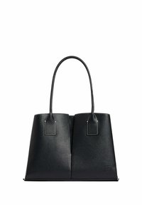 Sac cabas en cuir noir avec deux sections distinctes, forme rectangulaire, poignées courtes et couture blanche contrastante. Détail logo carré à la base.