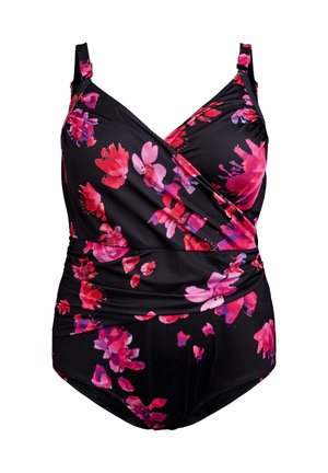 Czarny kostium kąpielowy z odwróconym designem, ozdobiony żywymi różowymi i czerwonymi kwiatowymi wzorami, z regulowanymi ramiączkami oraz teksturowanym wykończeniem materiału.