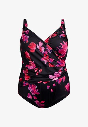 Czarny kostium kąpielowy z odwróconym designem, ozdobiony żywymi różowymi i czerwonymi kwiatowymi wzorami, z regulowanymi ramiączkami oraz teksturowanym wykończeniem materiału.