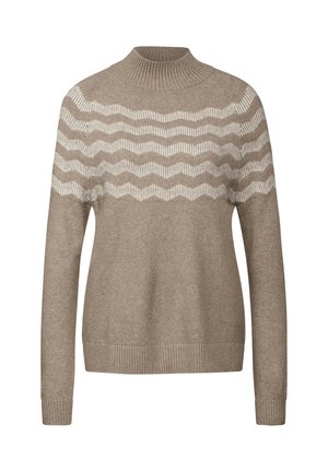 Beige striktrøje med høj hals, prydet med et hvidt zigzag-mønster på brystet og ribbede ærmer og kant. Blød tekstur.