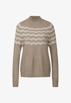 Pull en maille beige à col haut, orné d'un motif en zigzag blanc sur la poitrine, avec des poignets et un ourlet côtelés. Texture douce.