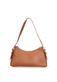 Borsa a spalla in pelle marrone con forma curva, chiusura con zipper e tracolla sottile e regolabile. Presenta una leggera texture a grana e dettagli in hardware dorato.