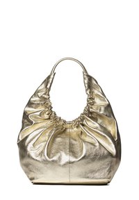Borsa metallica oro con una parte superiore arricciata, texture liscia, corpo ampio e un manico rotondo singolo. Design morbido e plissettato.
