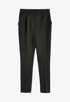Sorte højttaljede bukser med en glat tekstur, der har plisseringer, to lommer og knaplukning. Taperet ben-design.