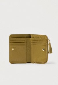 Olive green textured leather wallet open, showing six card slots, two snap-button compartments, and a zippered section with tassel pull.