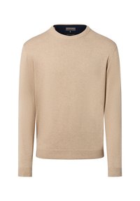 Beige Pullover aus weichem Strickstoff, mit rundem Hals, langen Ärmeln und gerippten Bündchen. Keine Muster oder Verzierungen vorhanden.