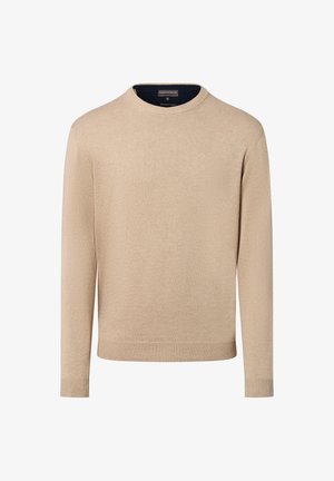 Pull beige en tricot doux, avec un col rond, des manches longues et des poignets côtelés. Pas de motifs ni d'embellissements.