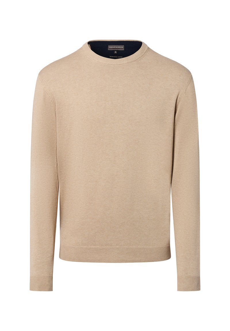 Beige Pullover aus weichem Strickstoff, mit rundem Hals, langen Ärmeln und gerippten Bündchen. Keine Muster oder Verzierungen vorhanden.