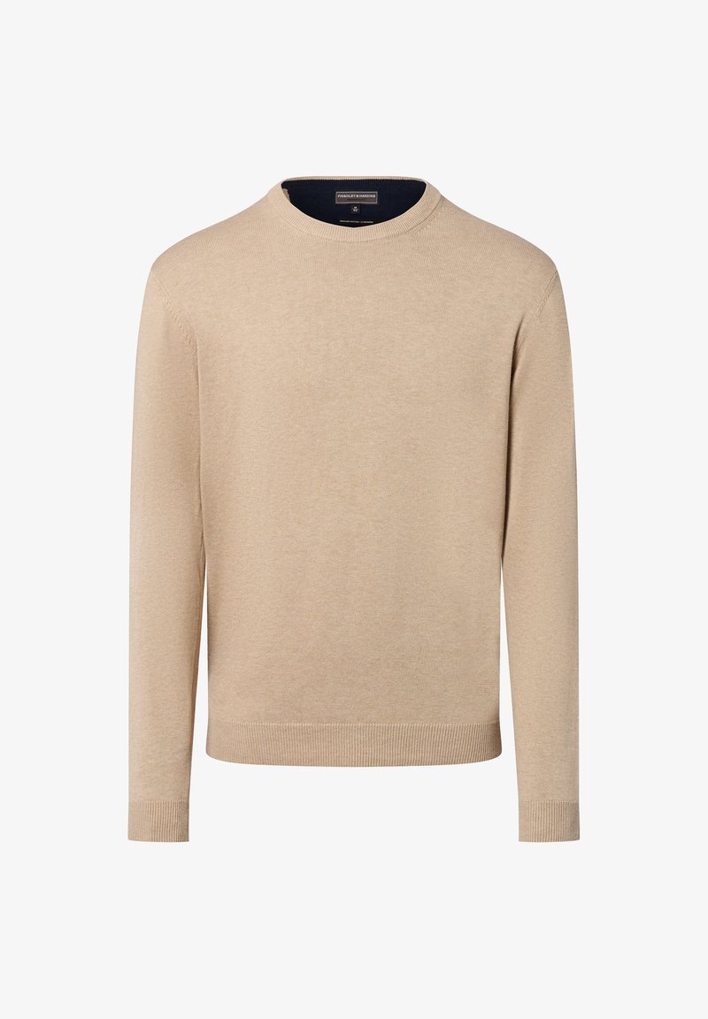 Beige trui gemaakt van zachte gebreide stof, met een ronde hals, lange mouwen en geribbelde manchetten. Geen patronen of versieringen aanwezig.