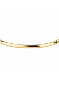 Bracciale color oro, design liscio e arrotondato con una finitura lucida, caratterizzato da una curva continua senza chiusure o decorazioni visibili.