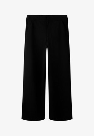 Pantalon noir à jambes larges avec taille haute et poches latérales, conçu pour une coupe ample et confortable.