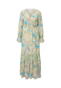Blumenkleid im Maxiformat aus leichtem Stoff, mit V-Ausschnitt, langen Ärmeln und einem gerüschten Saum. Die Farben umfassen blaue, gelbe und rosa Paisleymuster.