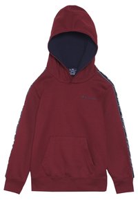Felpa bordeaux con cappuccio blu navy, caratterizzata da una tasca frontale e dettagli con logo. Le strisce laterali consistono in accenti a motivo contrastante.