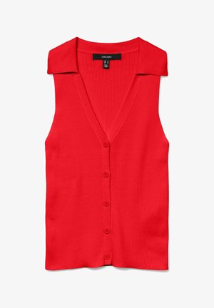 Raudona beRankovė megzta palaidinė su V formos iškirpte ir apykakle. Su raukšlėtu tekstūru ir šešiais priekiniais mygtukais. Raštų ar puošmenų nėra.