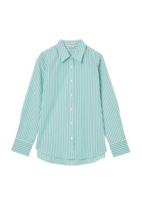 Gestreifte Hemdbluse mit einem grün-weißen Farbdesign, aus glattem Stoff gefertigt, mit langen Ärmeln und einem klassischen Kragen.