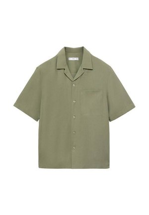 Korte mouwen button-up shirt in olijfgroen. Gemaakt van lichte stof, met een borstzak en een camp collar ontwerp.