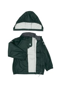 Giacca impermeabile verde scuro con colletto foderato in pile grigio e cappuccio removibile. Presenta polsini elastici e un rivestimento interno bianco.