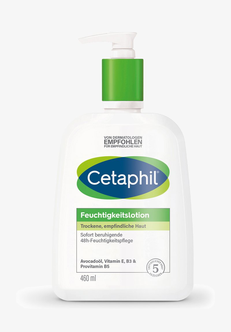 Cetaphil moisturizing lotion for dry, sensitive skin with avocado oil, vitamins E, B3, B5, 460 ml pump bottle, dermatologist recommended.