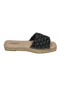 Black woven slide sandal with a textured upper, natural jute midsole, and flat sole. Simple design with no additional embellishments.