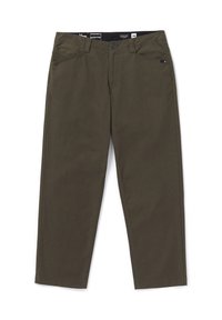 Olijfgroene broek van stevig katoen, met een rechte pijp, voorzakken en een knoopsluiting bij de taille.