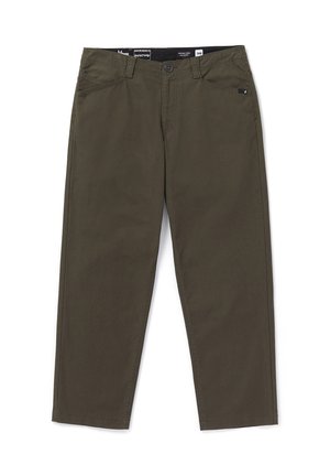 Pantaloni verde oliva in robusto cotone, caratterizzati da un design a gamba dritta, tasche frontali e chiusura con bottone in vita.