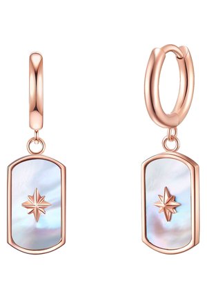 Roze gouden oorbellen hebben een rechthoekige hanger met een iriserend, blauw getint oppervlak en een vijfpuntige sterontwerp.