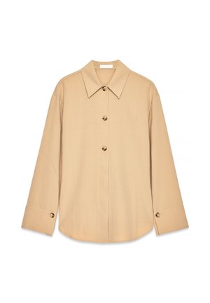 Camicia beige con colletto a punta, maniche lunghe e bottoni frontali. Realizzata in tessuto liscio, presenta una vestibilità rilassata e dettagli sui polsini.