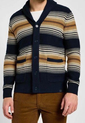Mann trägt eine marineblaue, geknöpfte Strickjacke mit horizontalen beigen und braunen Streifen, darüber ein weißes Hemd und braune Hosen.
