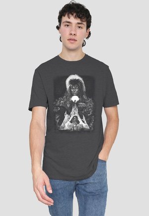Graues Baumwoll-T-Shirt mit einem schwarz-weißen Grafikdruck eines Charakters mit einem Pelzmantel und einem fantasievollen Hintergrund. Kurze Ärmel.