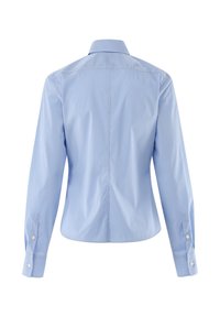 Light blue striped shirt with long sleeves, a classic collar, and buttoned cuffs, featuring a smooth textile finish and tailored fit.