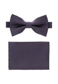 Fioletowy zestaw muszki i poszetki, z teksturowanym wzorem w geometryczne kształty. Materiał wydaje się gładki i elegancki.