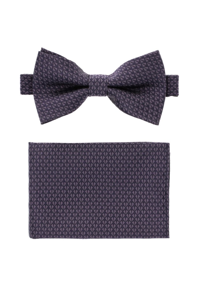 Fioletowy zestaw muszki i poszetki, z teksturowanym wzorem w geometryczne kształty. Materiał wydaje się gładki i elegancki.